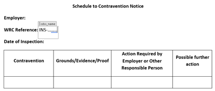 An image containing a sample of the Headings on a  Schedule to Contravention Notice  form. A summary of which is provided in the text below this image