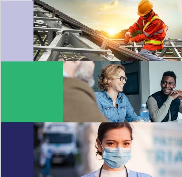 Picture2 An image with 3 smaller images of 1. A construction worker, 2. A male and female at a meeting. 3. A female doctor with a facemask on